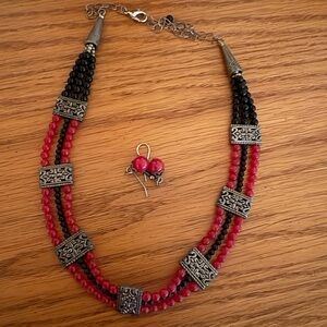 Elegant Red and Black Beaded Earrings and Necklace with Silver Details